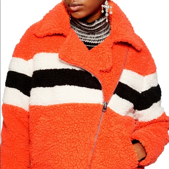 Topshop Orange Striped Teddy Sherpa Jacket - Picture 2 of 8